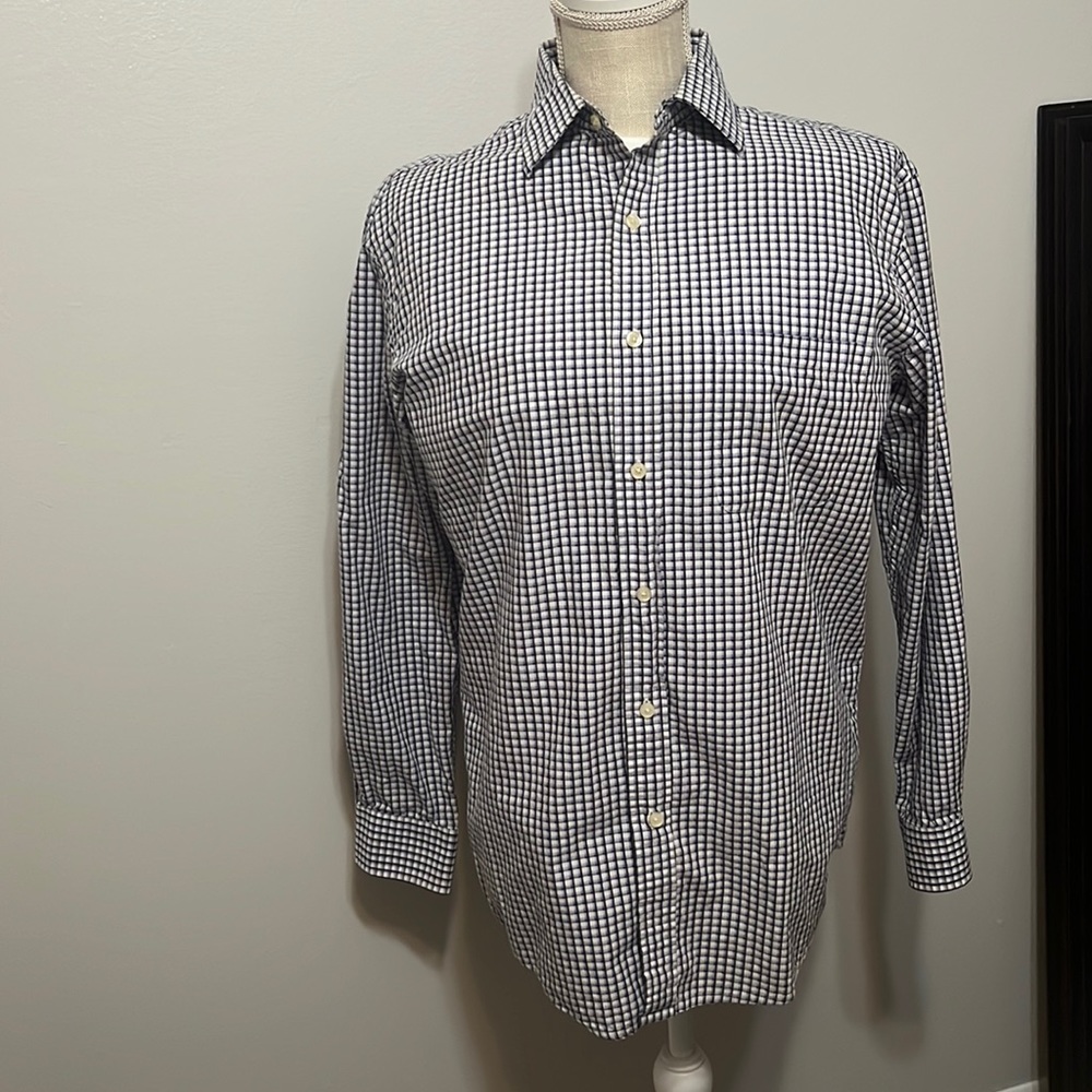 Mens checked designer shirt. Blue/black on white. Washes well. 100% quality cott